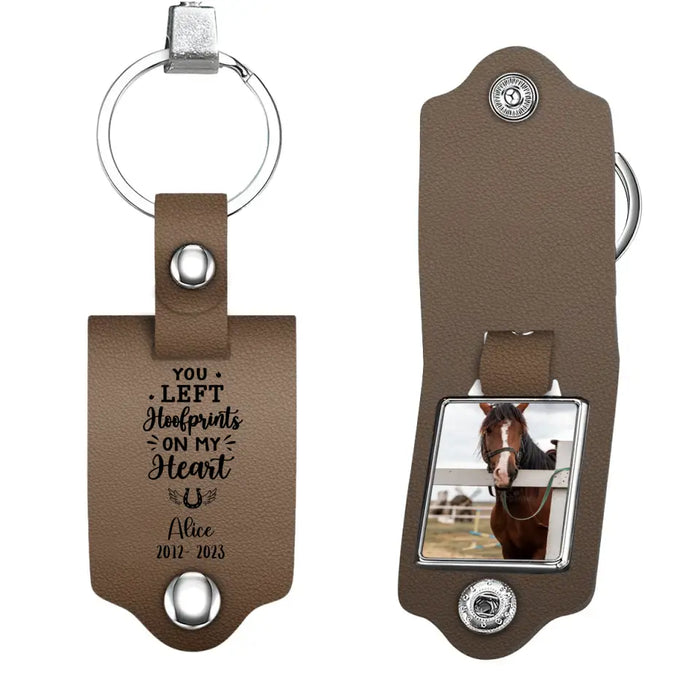 You Left Hoofprints On My Heart - Personalized Photo Upload Gifts Custom Leather Keychain, Horse Memorial Gifts