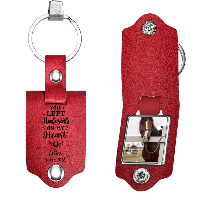 You Left Hoofprints On My Heart - Personalized Photo Upload Gifts Custom Leather Keychain, Horse Memorial Gifts