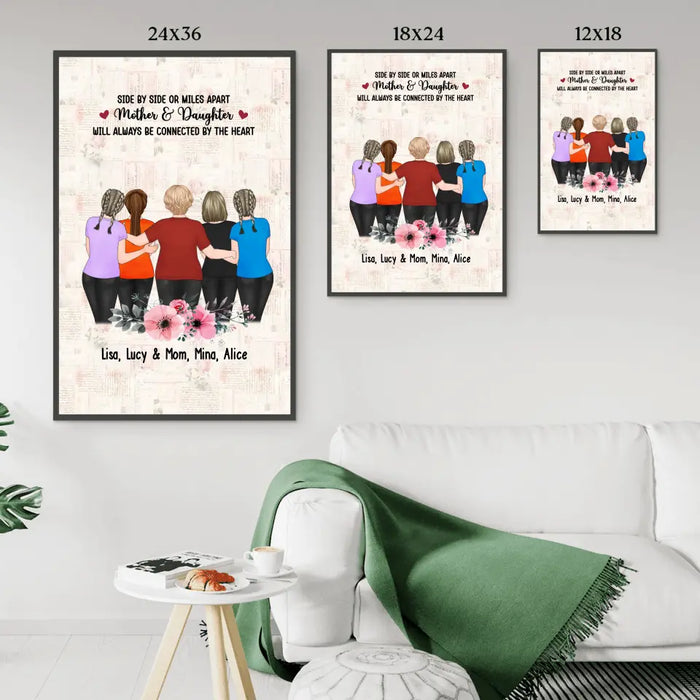 Side By Side Or Miles Apart Mother & Daughter Will Always Be Connected By The Heart- Personalized Gifts Custom Poster for Mom, Mothers Day Gifts From Daughters