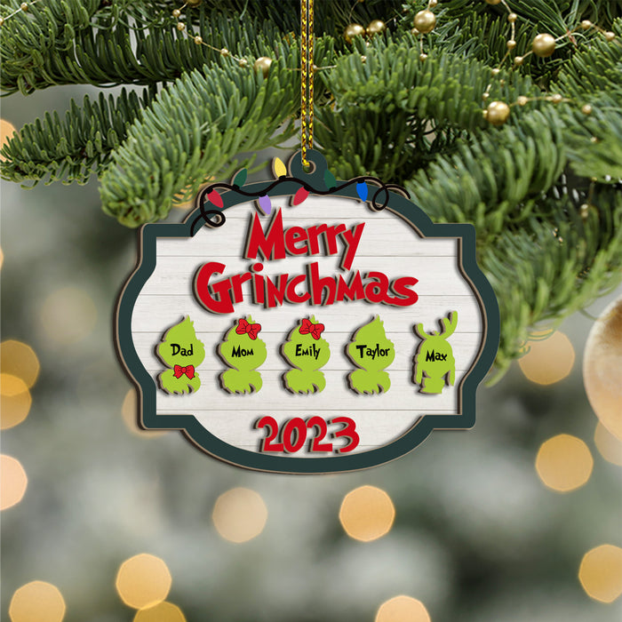 Merry Grinchmas 2023 - Personalized Christmas Gifts Custom 2 Layered Piece Wooden Ornament For Family, Grinch Family Ornament