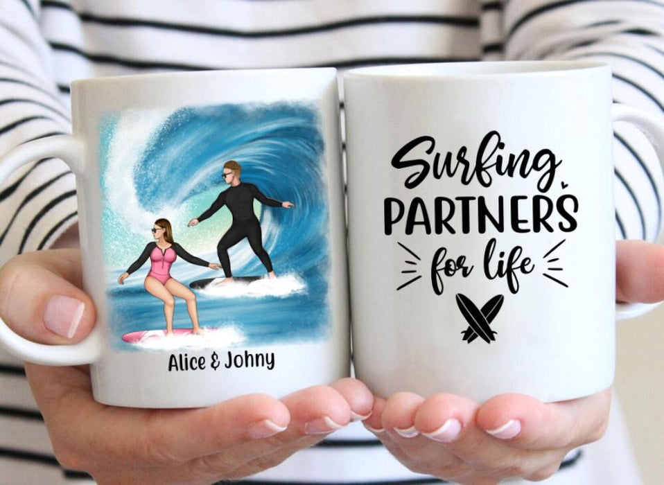 Personalized Mug, Surfing Couple Sideview Custom Gift For Surfers