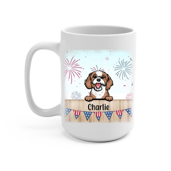 Personalized Mug, Cute Dog And Cat Peeking For 4th Of July, Custom Gift For Dog Lovers, Cat Lovers
