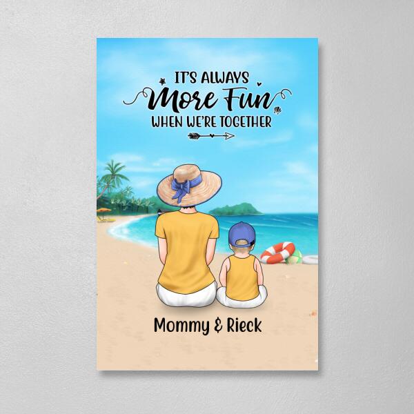 Personalized Canvas, Mother And Kids On The Beach, Custom Gift For Summer And Family Lovers