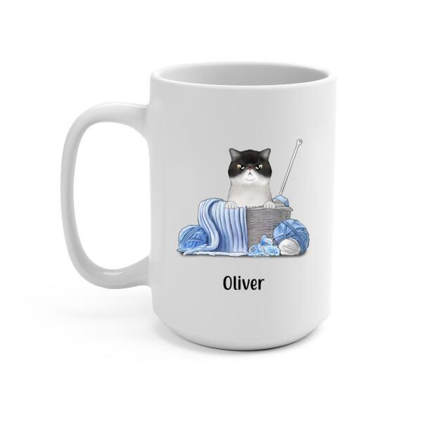 Personalized Mug, Cat and Yarn, Gift for Knitters, Crocheters & Cat Lovers