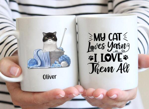 Personalized Mug, Cat and Yarn, Gift for Knitters, Crocheters & Cat Lovers