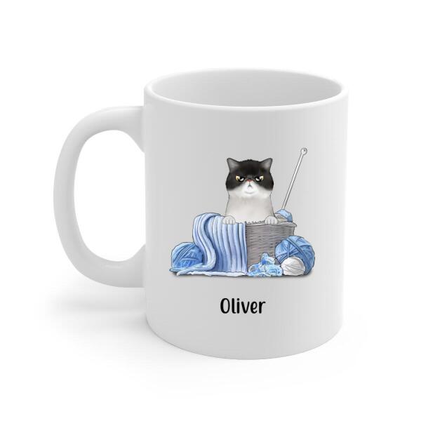 Personalized Mug, Cat and Yarn, Gift for Knitters, Crocheters & Cat Lovers