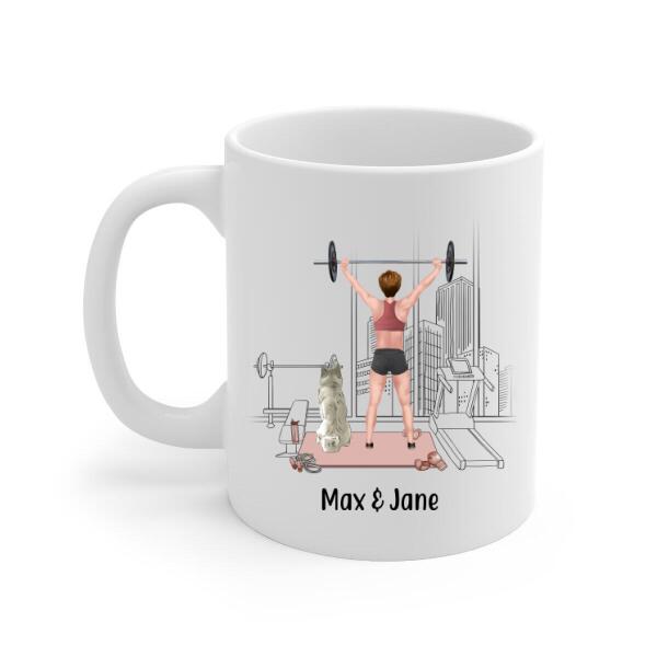 Personalized Mug, Girl Lifting Weight with Dogs, Gift for Fitness & Dog Lovers