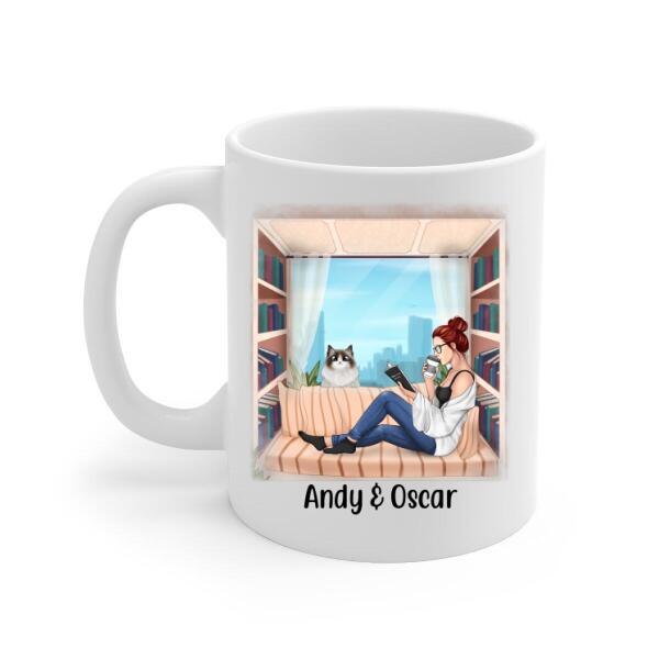 Personalized Mug, Woman Reading Book With Pet Custom Gift For Cat Dog Lovers