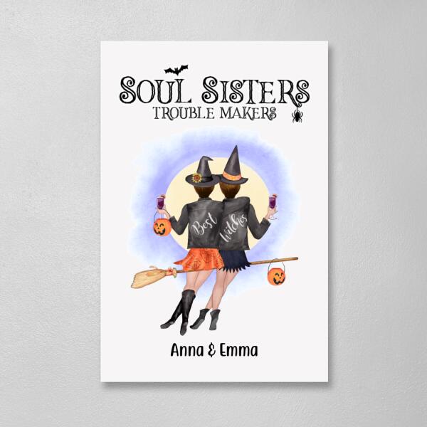 Personalized Canvas, Soul Sisters Trouble Makers - Halloween Gift, Gift For Sister, Best Friends