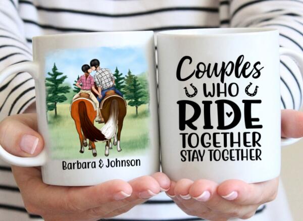 Personalized Mug, Horseback Riding Couple Holding Hand - Couples Who Ride Together Stay Together, Gift For Horse Lovers