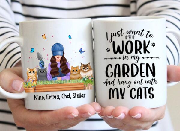 Personalized Mug, I Just Want To Work In My Garden And Hang Out With My Cats, Gift For Gardeners And Cat Lovers