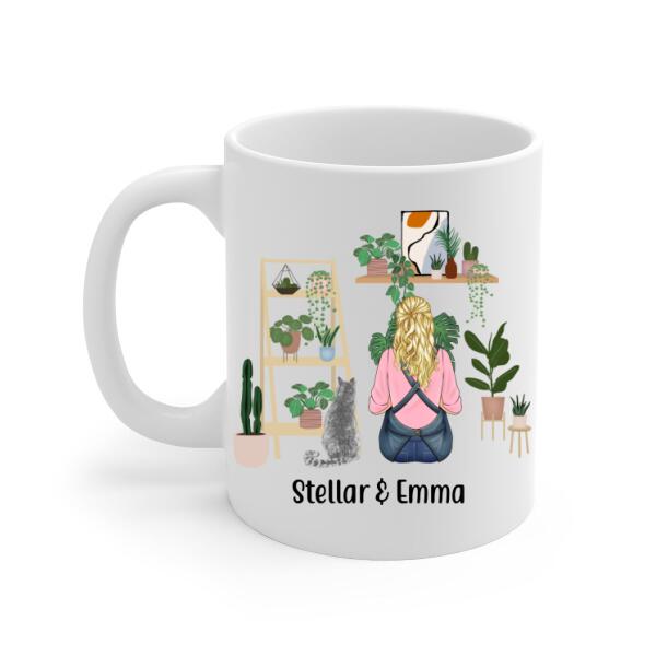 Personalized Mug, A Girl Gardening With Cats, Gift For Gardeners And Cat Lovers