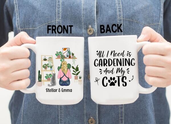 Personalized Mug, A Girl Gardening With Cats, Gift For Gardeners And Cat Lovers