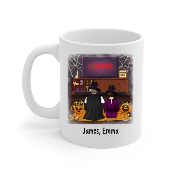 Personalized Mug, Cuddle And Watch Horror Movies Couple, Gifts For Halloween, Gifts For Couple