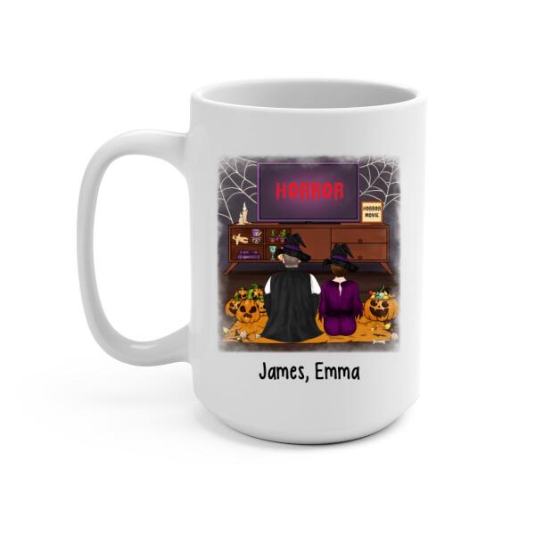 Personalized Mug, Cuddle And Watch Horror Movies Couple, Gifts For Halloween, Gifts For Couple