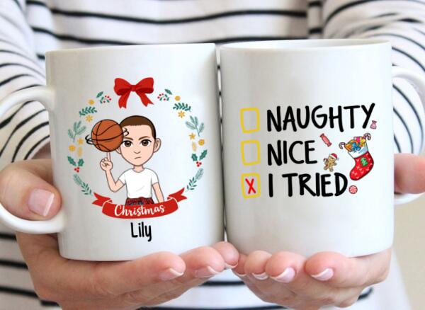 Personalized Mug, Naughty Nice I Tried, Christmas Kid With Wreath, Christmas Gift For Kids, Grandsons And Granddaughters