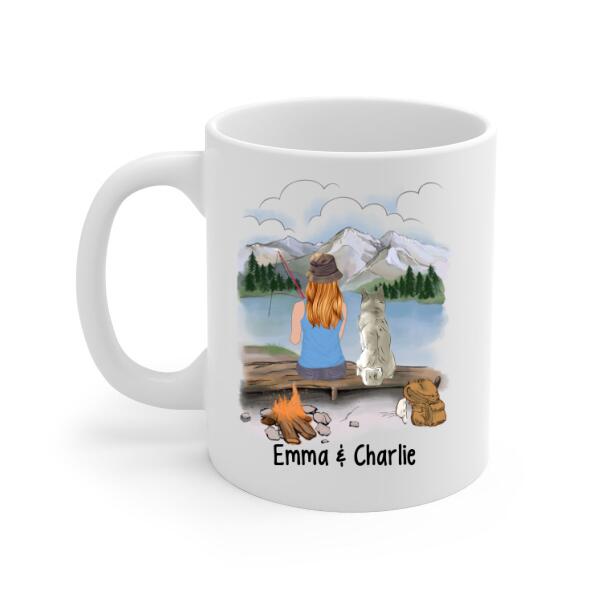 Personalized Mug, Fishing Woman With Dogs, Gift For Fishers And Dog Lovers