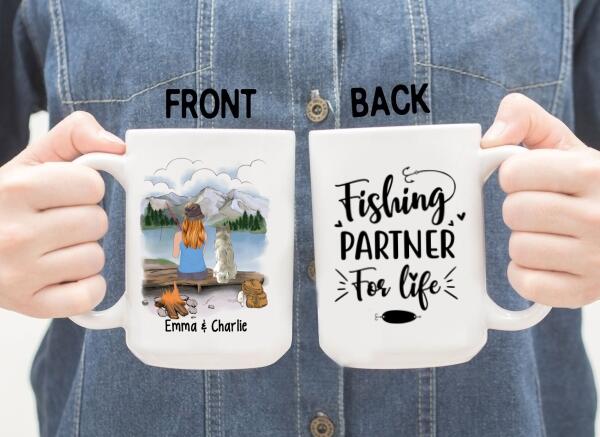 Personalized Mug, Fishing Woman With Dogs, Gift For Fishers And Dog Lovers