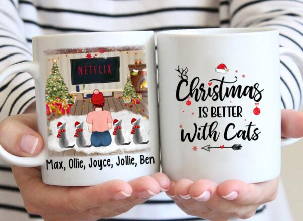 Personalized Mug, Christmas Girl And Cats, Gift For Cat Lovers