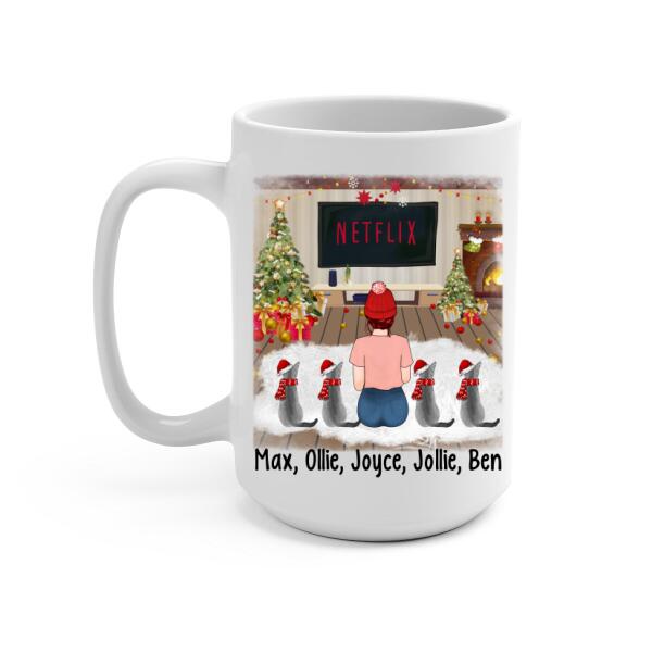 Personalized Mug, Christmas Girl And Cats, Gift For Cat Lovers