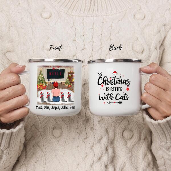 Personalized Mug, Christmas Girl And Cats, Gift For Cat Lovers