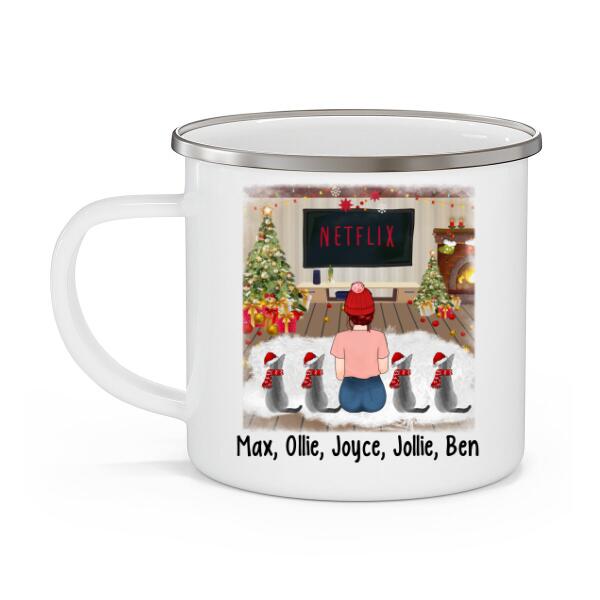 Personalized Mug, Christmas Girl And Cats, Gift For Cat Lovers