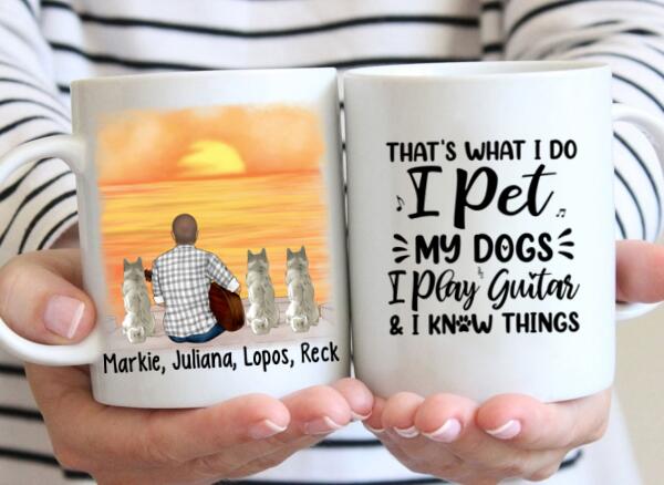 Personalized Mug, A Man Playing Guitar With Dogs, Gift For Guitar And Dog Lovers