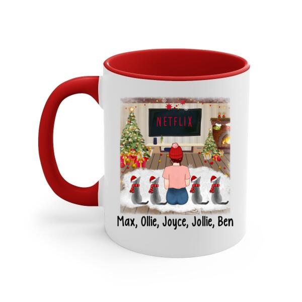 Personalized Mug, Christmas Girl And Cats, Gift For Cat Lovers