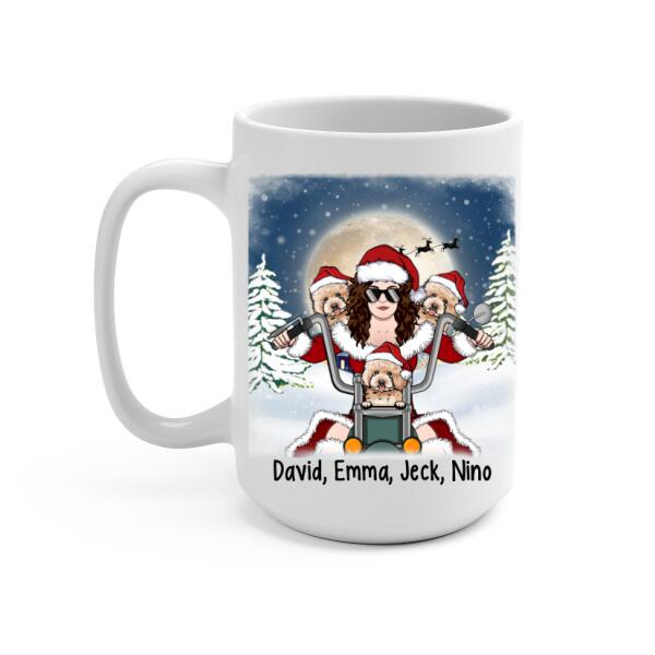 Personalized Mug, Motorcycle Woman With Dogs, Christmas Gift For Bikers And Dog Lovers