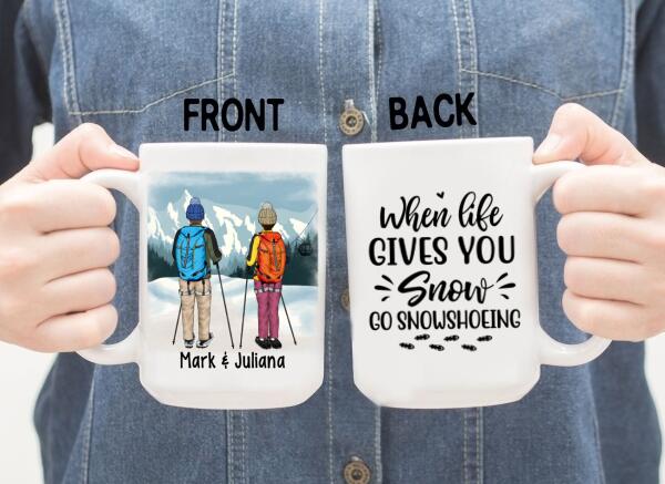 Personalized Mug, Snowshoeing Couple and Friends, Gift for Snowshoeing Lovers