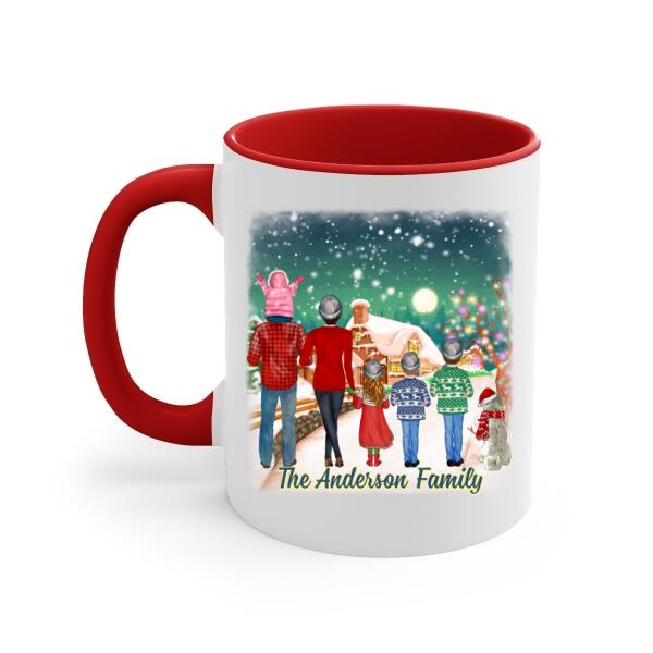 Personalized Ceramic Mug, Christmas Family Standing with Dog, Christmas Gift For Family and Dog Lovers