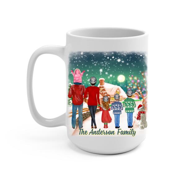 Personalized Ceramic Mug, Christmas Family Standing with Dog, Christmas Gift For Family and Dog Lovers