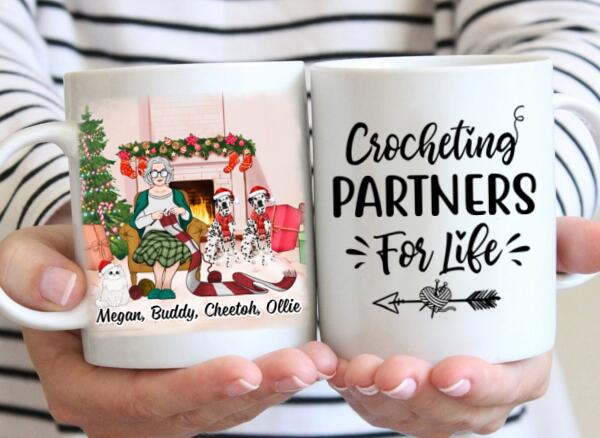 Personalized Mug, Up To 3 Pets, Crocheting Partners For Life, Chirtsmas Gift For Crocheting Lovers, Dog Lovers, Cat Lovers