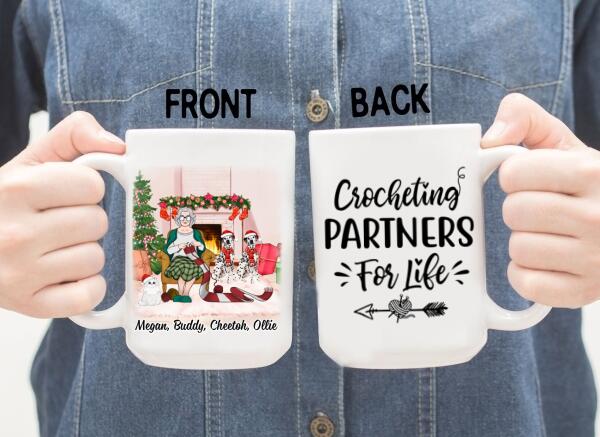 Personalized Mug, Up To 3 Pets, Crocheting Partners For Life, Chirtsmas Gift For Crocheting Lovers, Dog Lovers, Cat Lovers