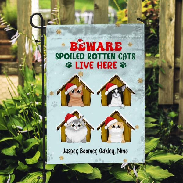 Personalized Garden Flag, Beware Spoiled Rotten Cats Live Here, Christmas Gift For Cat Lovers
