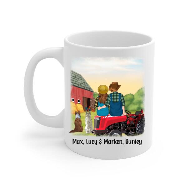 Personalized Mug, Farming Couple On Tractor With Dogs, Gift For Farmers, Gift For Dog Lovers