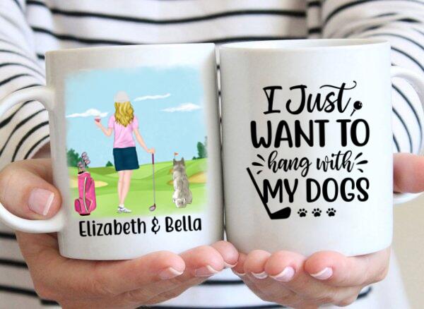 Personalized Mug, Golf Drink Woman with Dogs Gift For Golf and Dog Lovers