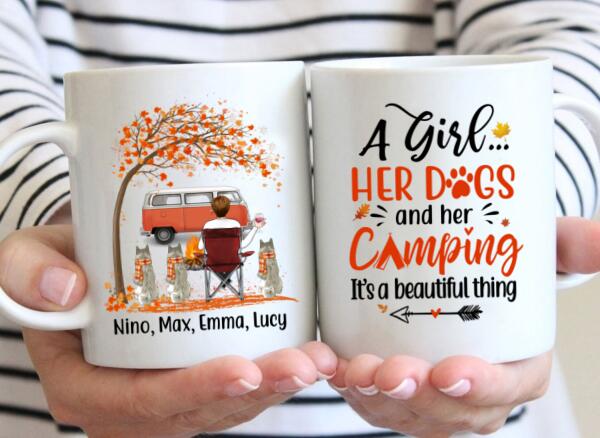 Personalized Mug, A Girl Her Dogs And Her Camping It's A Beautiful Thing - Fall Season Gift, Gift For Campers And Dog Lovers