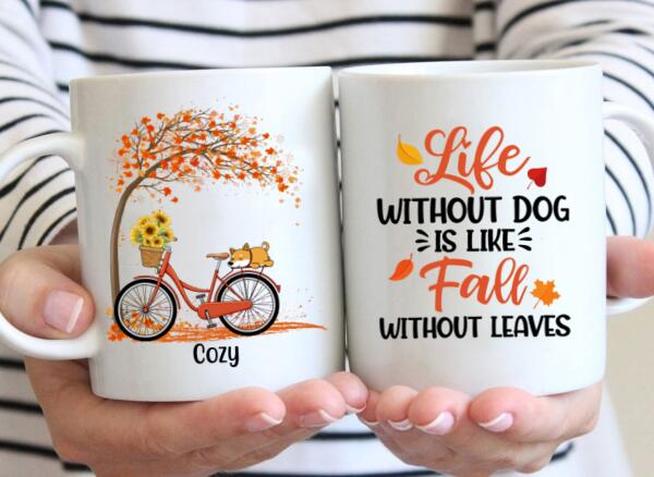 Personalized Mug, Dog Sleeping on Bicycle, Gift for Fall Lover, Dog lover. Autumn Gift