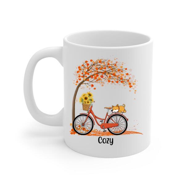 Personalized Mug, Dog Sleeping on Bicycle, Gift for Fall Lover, Dog lover. Autumn Gift