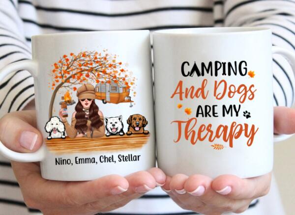 Personalized Mug, Camping And Dogs Are My Therapy - Fall Season Gift, Gift For Campers And Dog Lovers