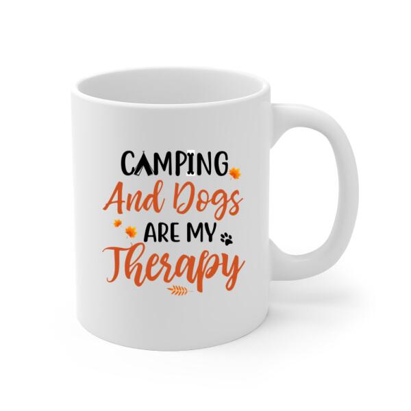 Personalized Mug, Camping And Dogs Are My Therapy - Fall Season Gift, Gift For Campers And Dog Lovers