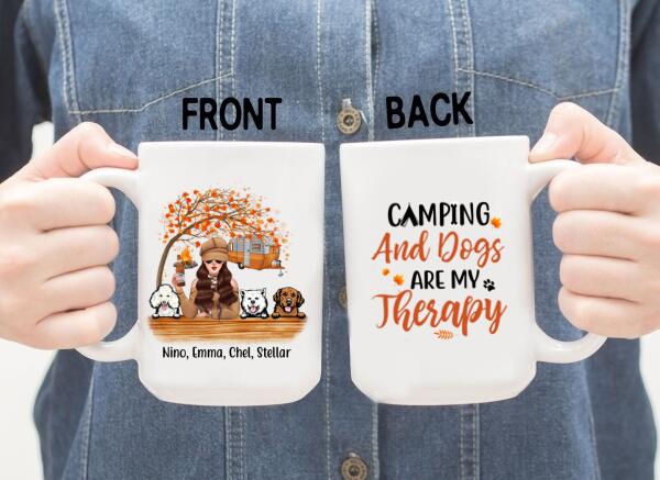 Personalized Mug, Camping And Dogs Are My Therapy - Fall Season Gift, Gift For Campers And Dog Lovers