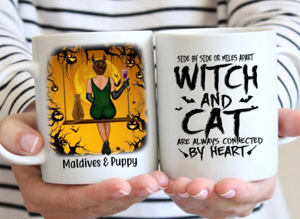 Witch and Cat Are Always Connected by Heart - Halloween Personalized Gifts Custom Cat Mug for Cat Mom, Cat Lovers