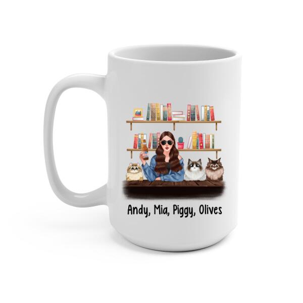 Personalized Mug, Woman Loves Books And Cats, Gifts For Book Lovers, Cat Lovers