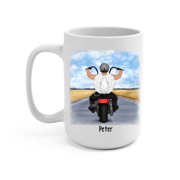 Personalized Mug, Angel Biker Riding On The Clouds, Memorial Gift For Motorcycle Lovers