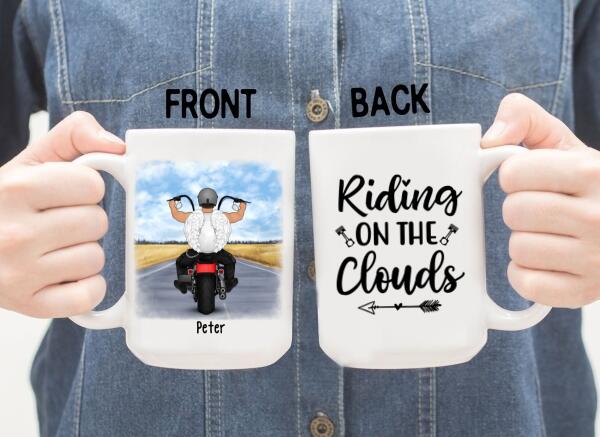 Personalized Mug, Angel Biker Riding On The Clouds, Memorial Gift For Motorcycle Lovers