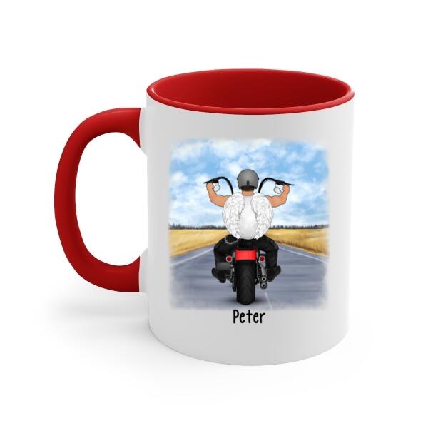 Personalized Mug, Angel Biker Riding On The Clouds, Memorial Gift For Motorcycle Lovers