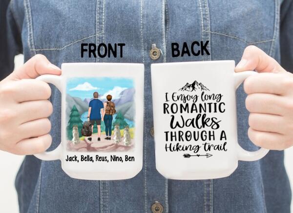 Personalized Mug, Hiking Couple With Dogs, Gift For Hikers And Dog Lovers