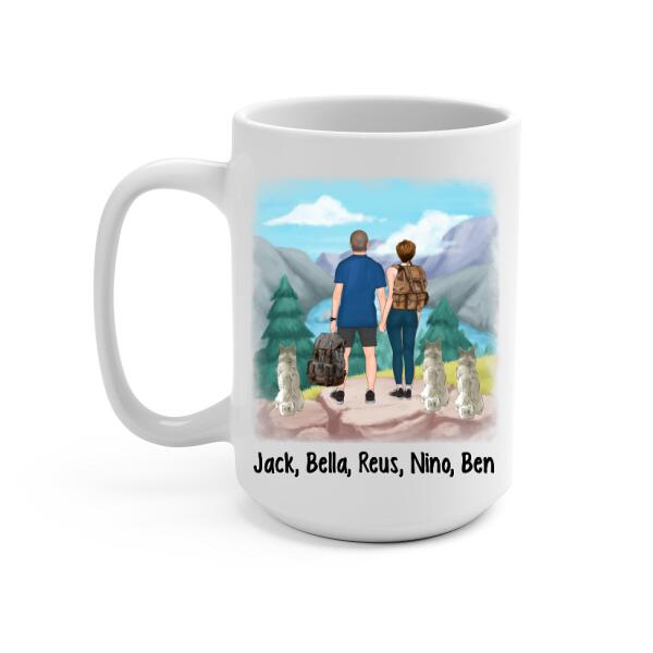 Personalized Mug, Hiking Couple With Dogs, Gift For Hikers And Dog Lovers